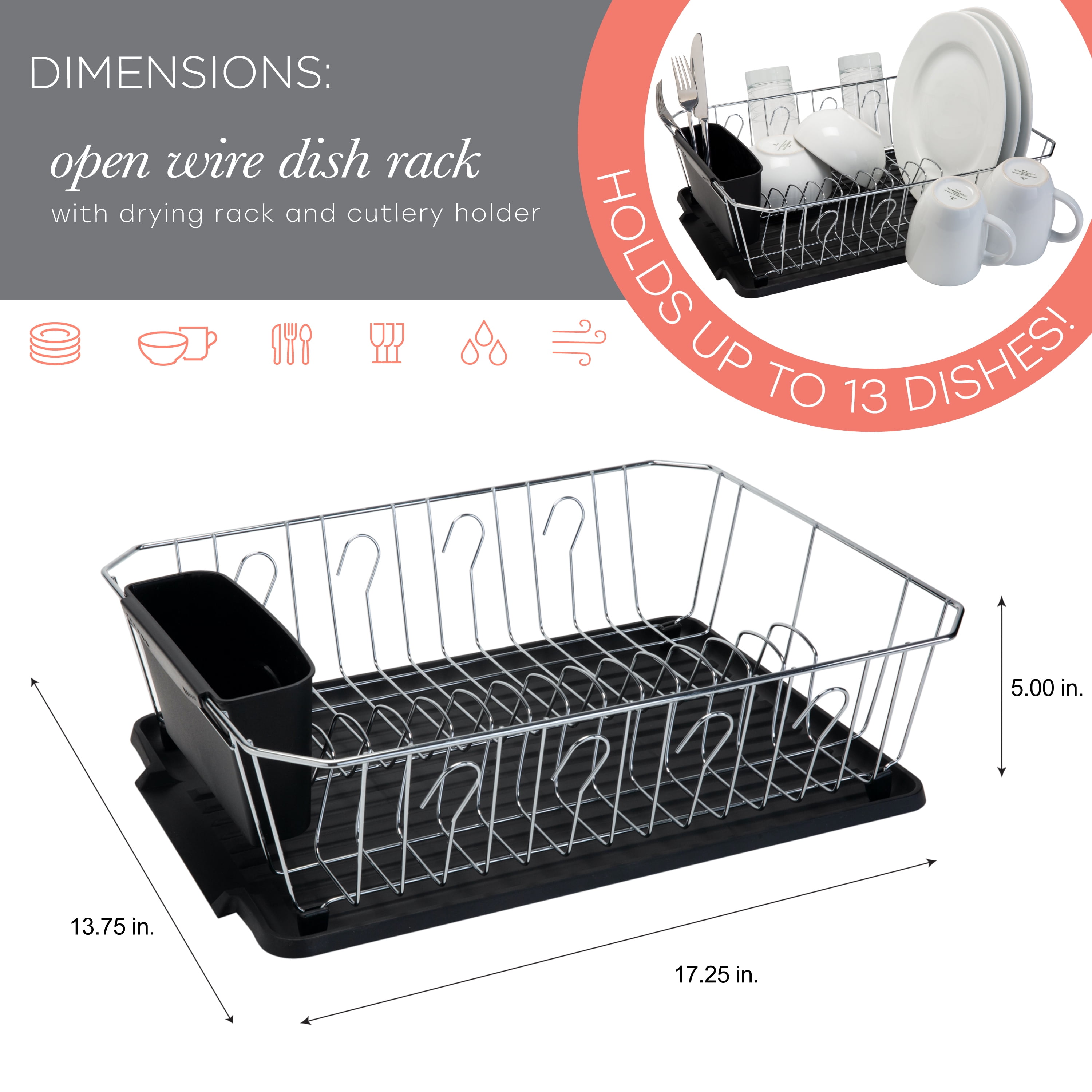 Agptek 3 Level Chrome Dish Drying Rack Kitchen Dish Drainer Storage with Draining Board and Cutlery Cup 22.04 x 9.05 x 18.50 in - M - Silver
