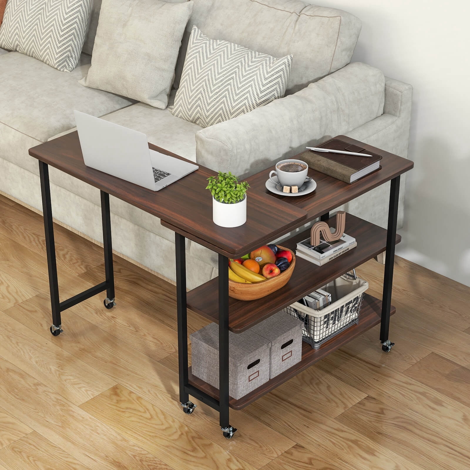 Costway 360° Rotatable Sofa Side Table L-shaped Laptop Desk Snack Table withShelf Patented Walnut