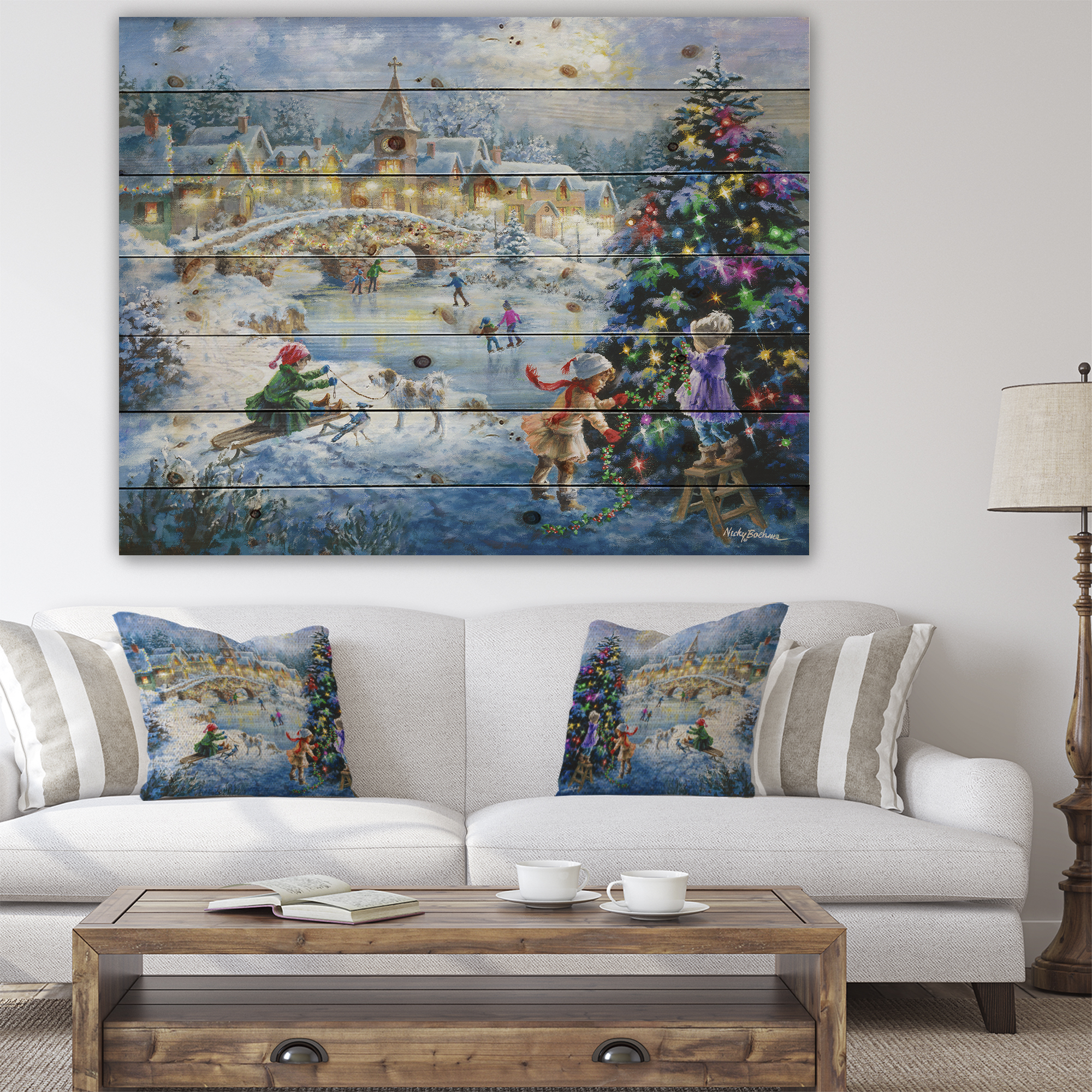 Designart 'Christmas tree decorating sledding children ' Print on Natural Pine Wood
