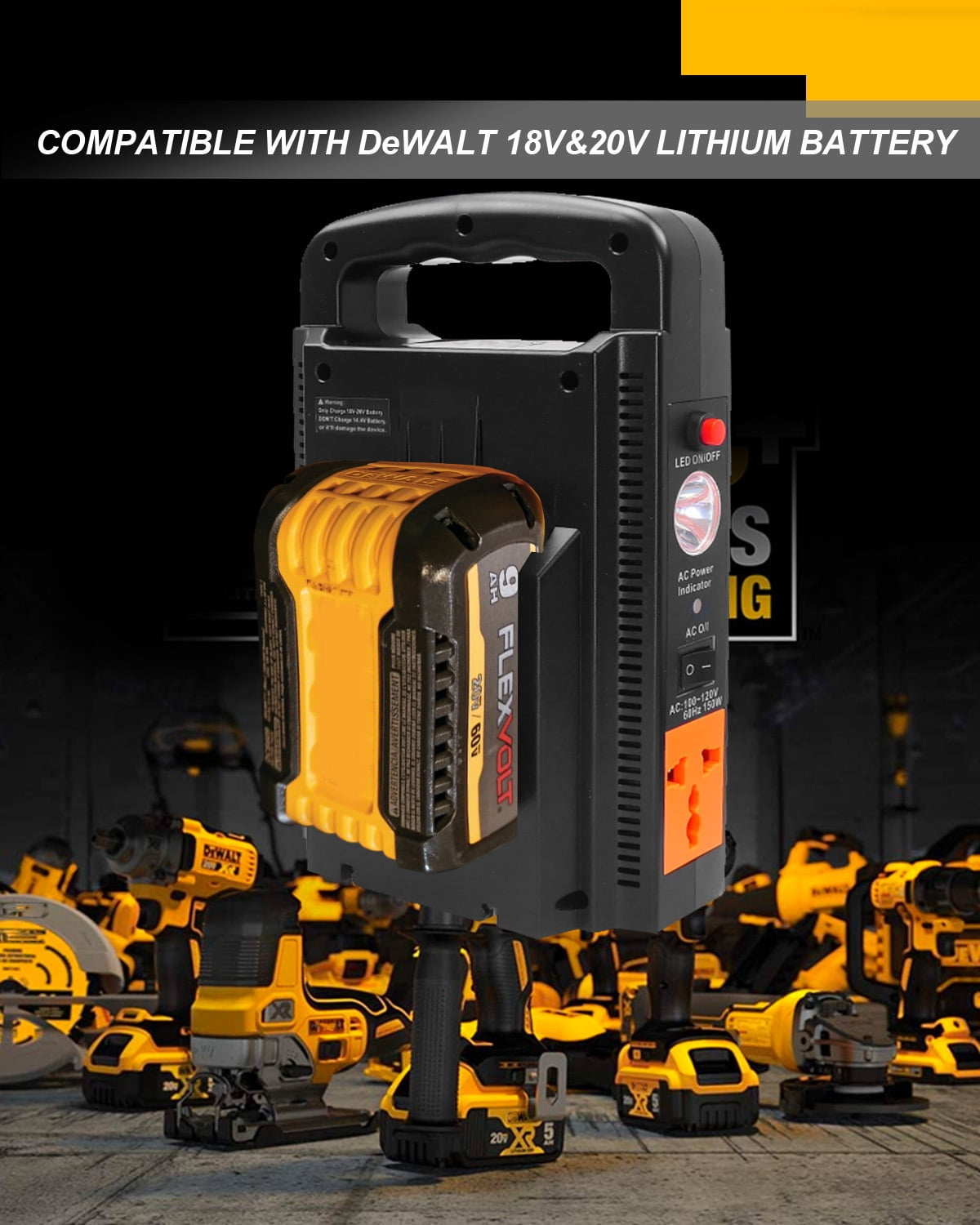 150W Portable Power Supply Inverter Fit for Milwaukee M18 18V Battery, DC 18V to AC 120V Power Inverter with Battery Charger AC Output Dual USB Type C 800 LM Led Light for Indoor Outdoor