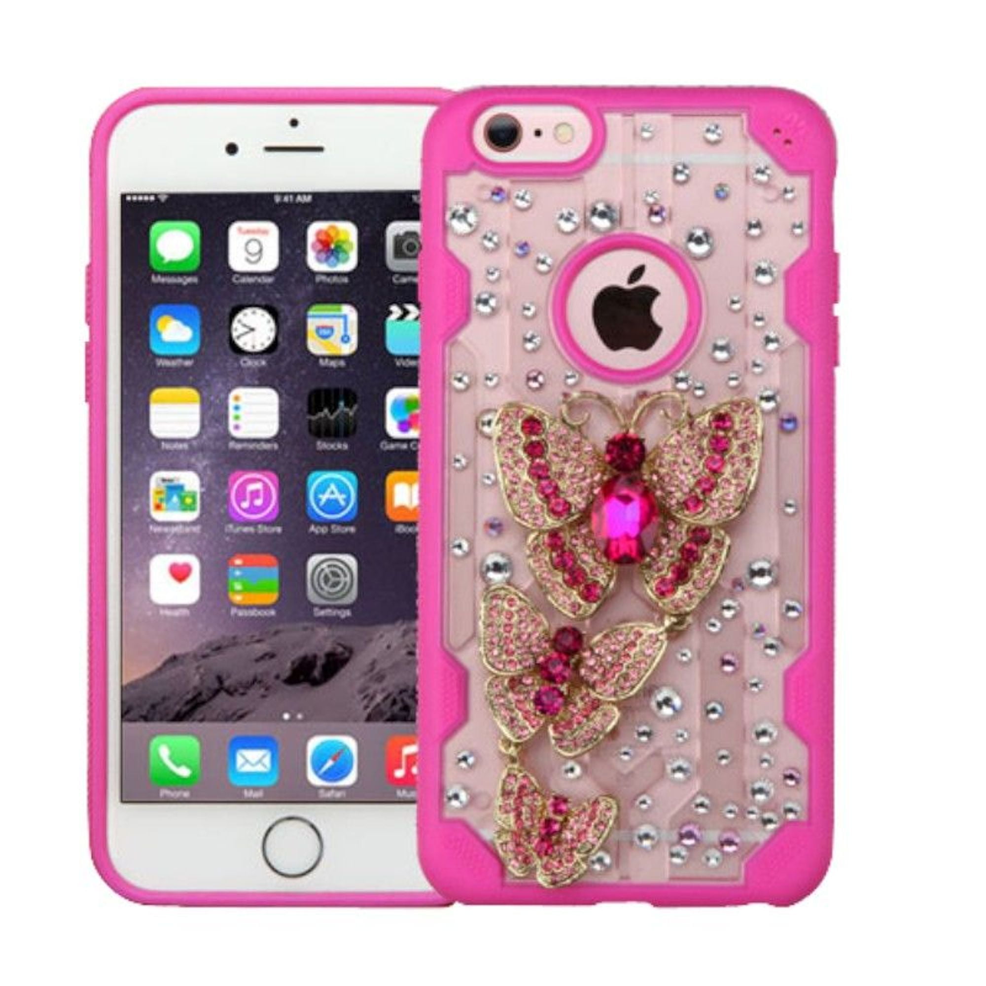 Insten Luxury Butterfly 3d Crystal Diamond Bling Diamante Hard Case Cover For Iphone 6s Plus 6 Plus Clear Hot Pink Walmart Com Walmart Com