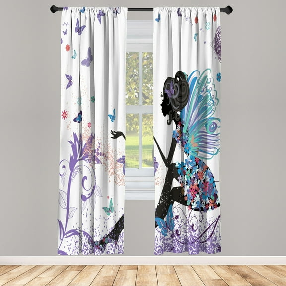 Ambesonne Fantasy Curtains, Spring Wings Floral Print, Pair of 28"x95", Seafoam Black