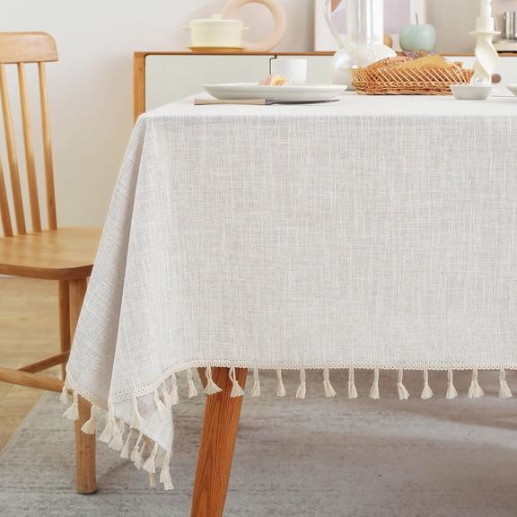 Textured Table Cloth for Rectangle Table, Heavy Duty Farmhouse Tablecloth Solid Cotton Linen Waterproof Wrinkle Free Burlap Table Cover for Kitchen Dining & Parties, Ivory, 55''x75'' (Fits 4-6 Seats)