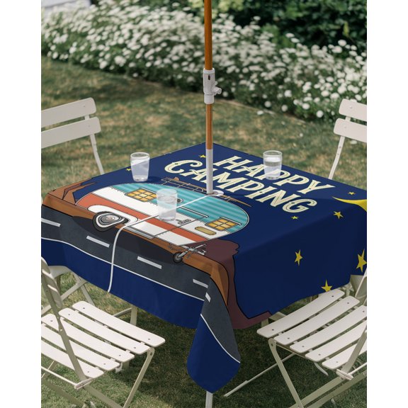 Outdoor Tablecloth with Umbrella Hole, Summer RV Camping Zippered Table Cloth for Rectangle Tables, Stars Moon Starry Sky Washable Waterproof Tablecloths for Picnic Patio Garden