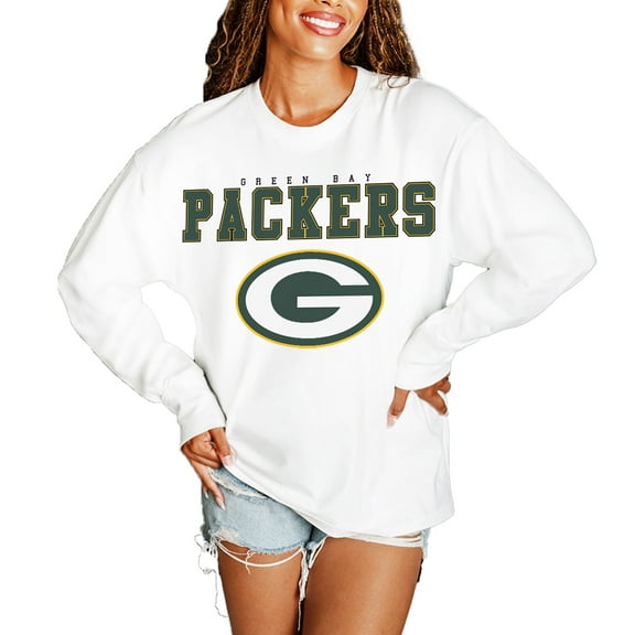 Women's Gameday Couture  White Green Bay Packers Big Goals Oversized Long Sleeve T-Shirt