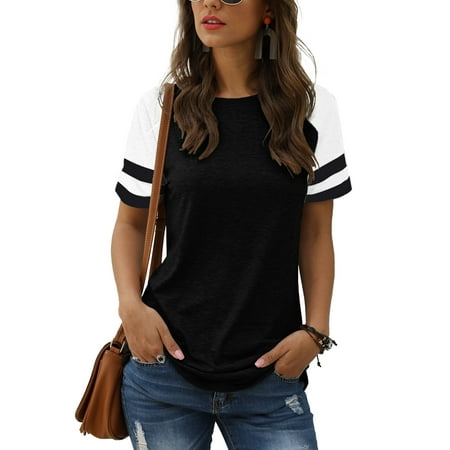 TEMOFON Womens Fashion Summer T-shirt Color Block Shirts for Women Going Out Tops for Woman Black Tee