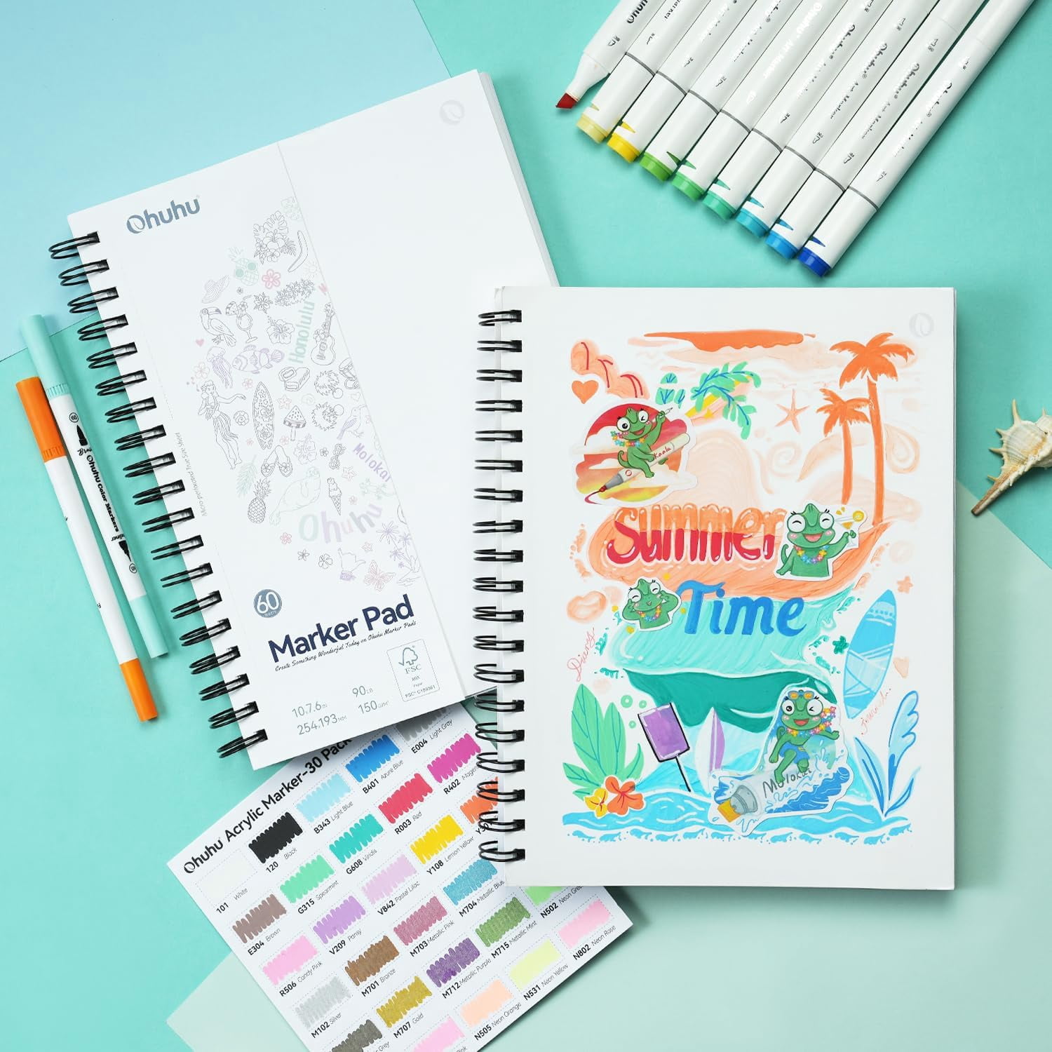 Ohuhu Double-Sided Marker Pad Art Sketchbook Bleedproof 7"x10" 90 lb/150 GSM Smooth Paper 60 Sheets/120 Pages Spiral Bound for Alcohol Markers