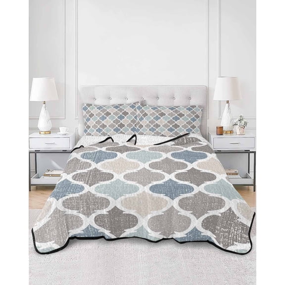 Quilts Twin XL Size, Teal Blue Grey Geometric Soft Comforter Bedding Set for Bed, Morocco Abstract Art Lightweight Quilted Bedspread with Pillow Cover(2 Pieces) for All Season, 68x98 Inch