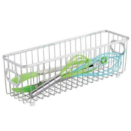 Basket For Onion And Potato mDesign Metal Farmhouse Kitchen Pantry Food Storage Organizer Basket Bin - Wire Grid Design - for Cabinets, Cupboards, Shelves, Countertops - Holds Potatoes, Onions, Fruit - Long - Chrome Pack of 1 ()
