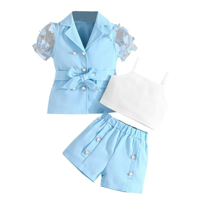 Odeerbi 3-9 Años Trajes de Verano Para Niñas Camisola de Algodón Pantalones Cortos Chaqueta Blazer Trajes Chaqueta Con Solapa de Muesca Conjunto de Tres Piezas
