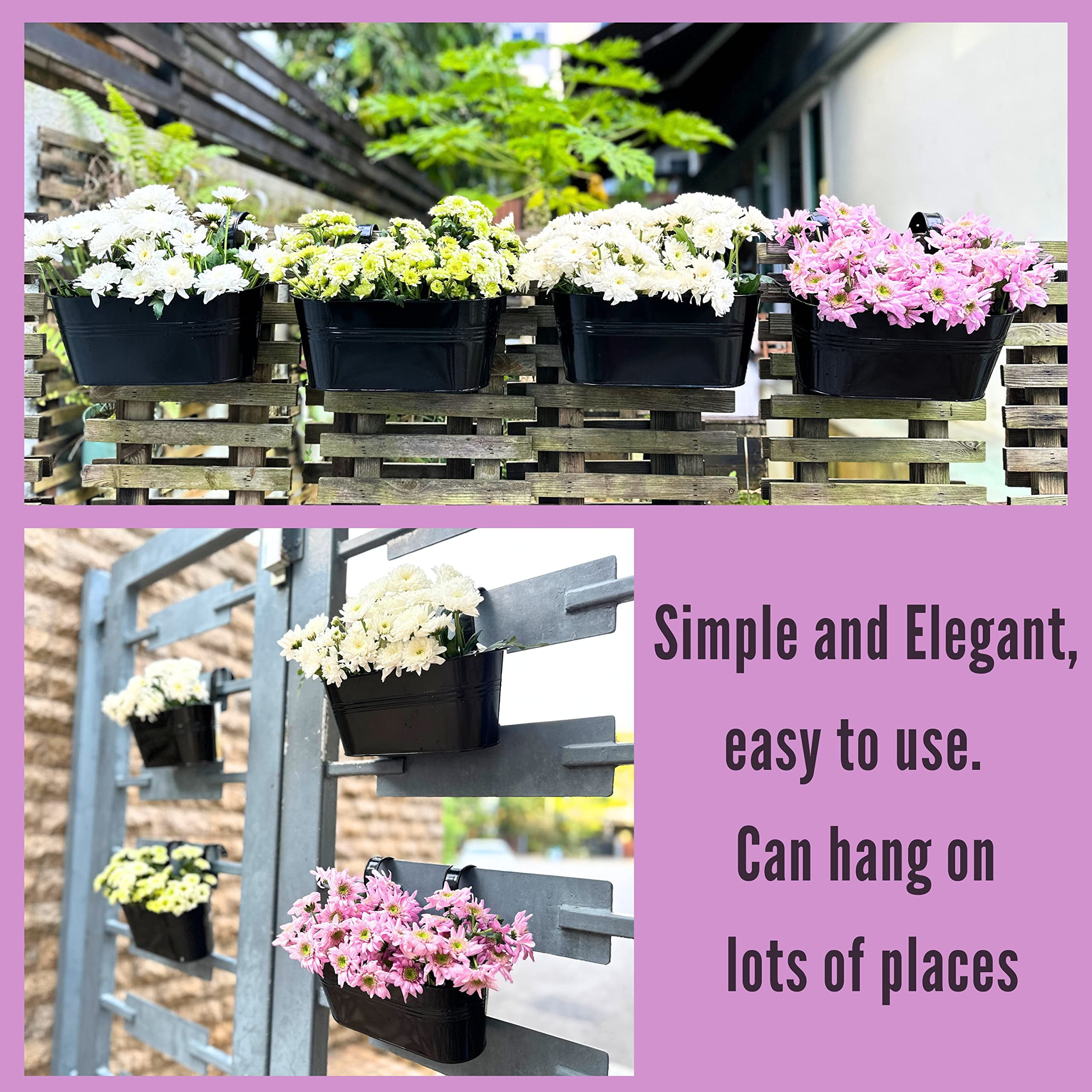 Outdoor Railing Planter 2 Pack 11.2 Inch Black Metal Hanging Flower Pots Deck Rail Fence Hanging Bucket Modern Window Box Plant Holder with Hooks Porch Decor