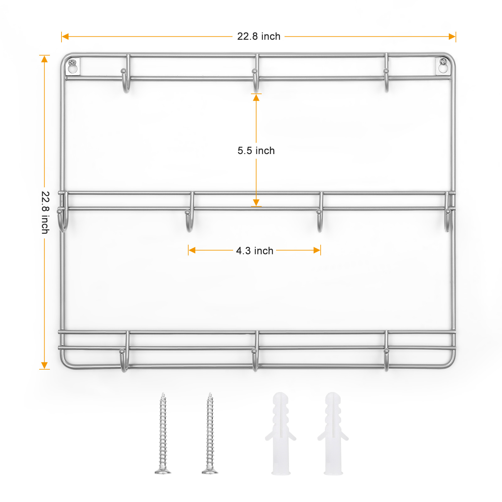 3-Tier Metal Wall Mounted Coffee Cup Holder with 10 Hooks, Silver (Set of 2)