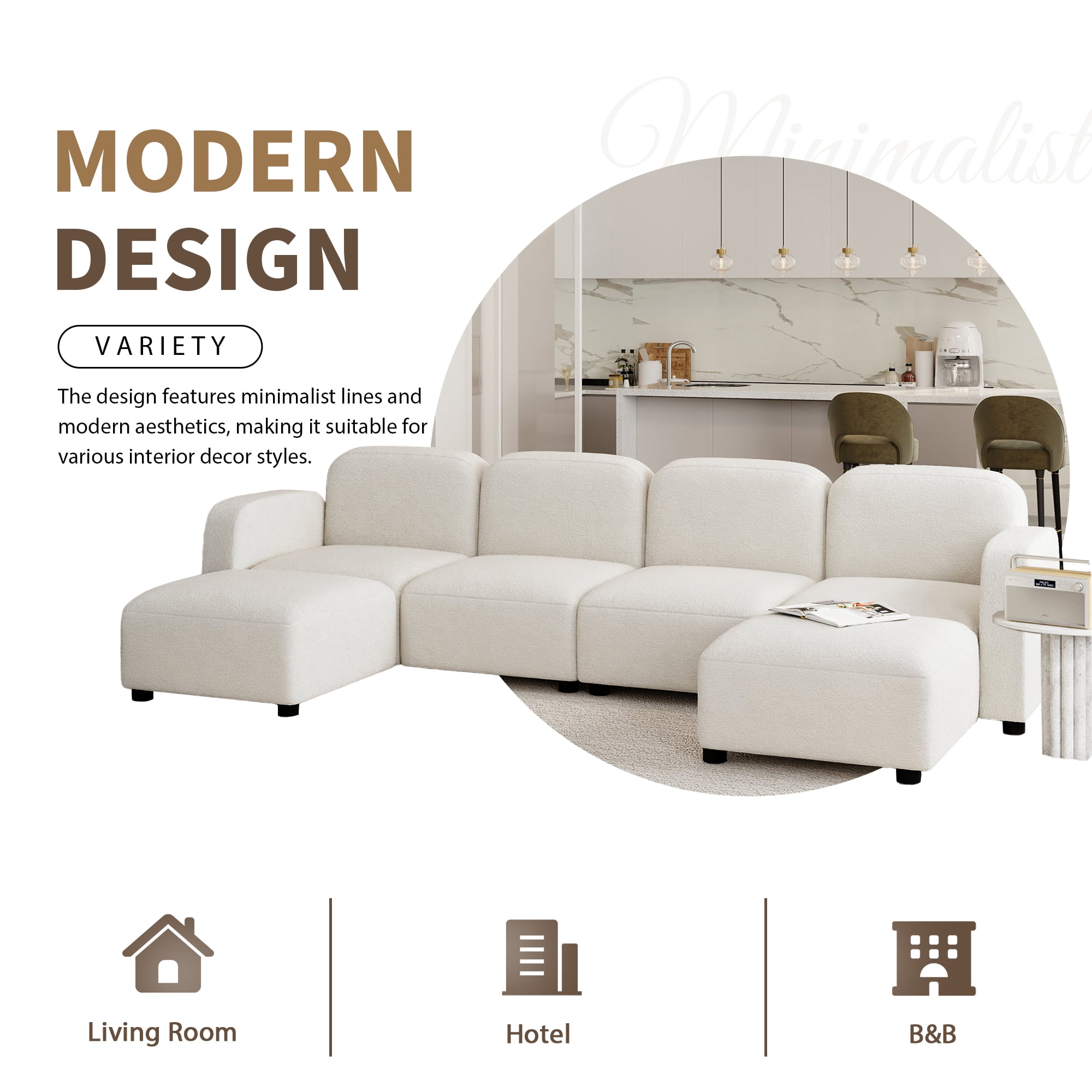 EUROCO 116" U Shaped Modular Sectional Sofa Couch, Reversible 6 Seat Velvet Sleeper Cloud Sofa Bed with Ottoma, onvertible Oversized Indoor Furniture Pieces for Living Room, Beige