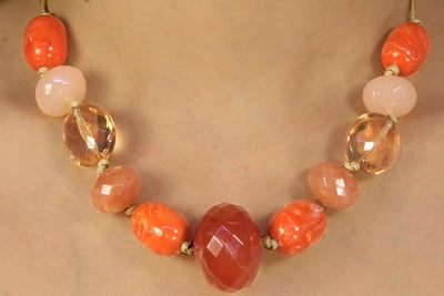 Multi Faceted Coral color & Orange Beaded Necklace & Earring Set by