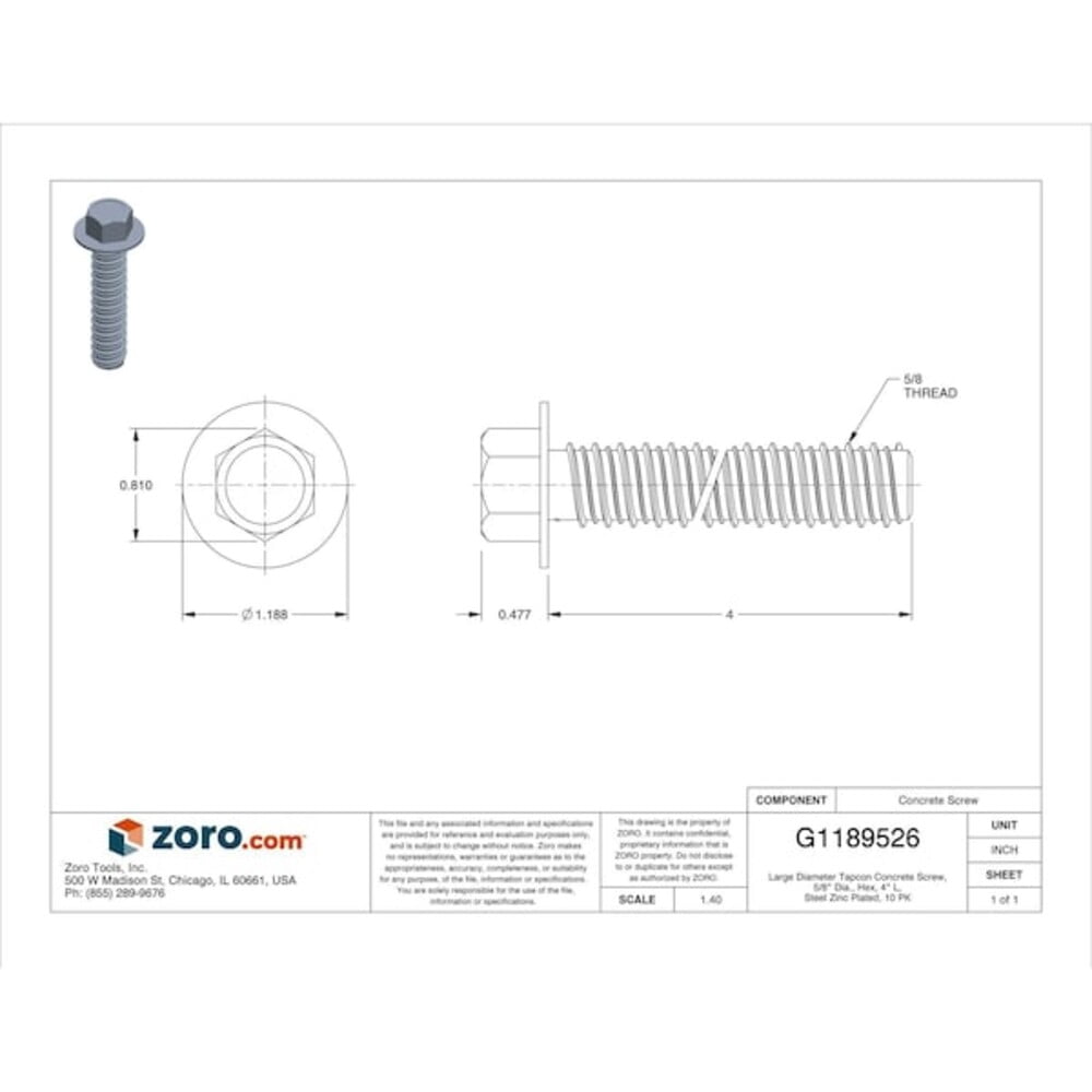Large Diameter Tapcon Concrete Screw, 5/8" Dia., Hex, 4" L, Steel Zinc Plated, 10 PK
