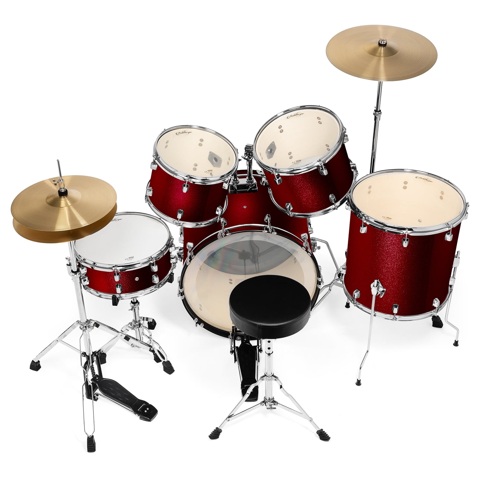 Ashthorpe 5-Piece Full-Size Adult Drum Set with Remo Drumheads & Premium Brass Cymbals - Red