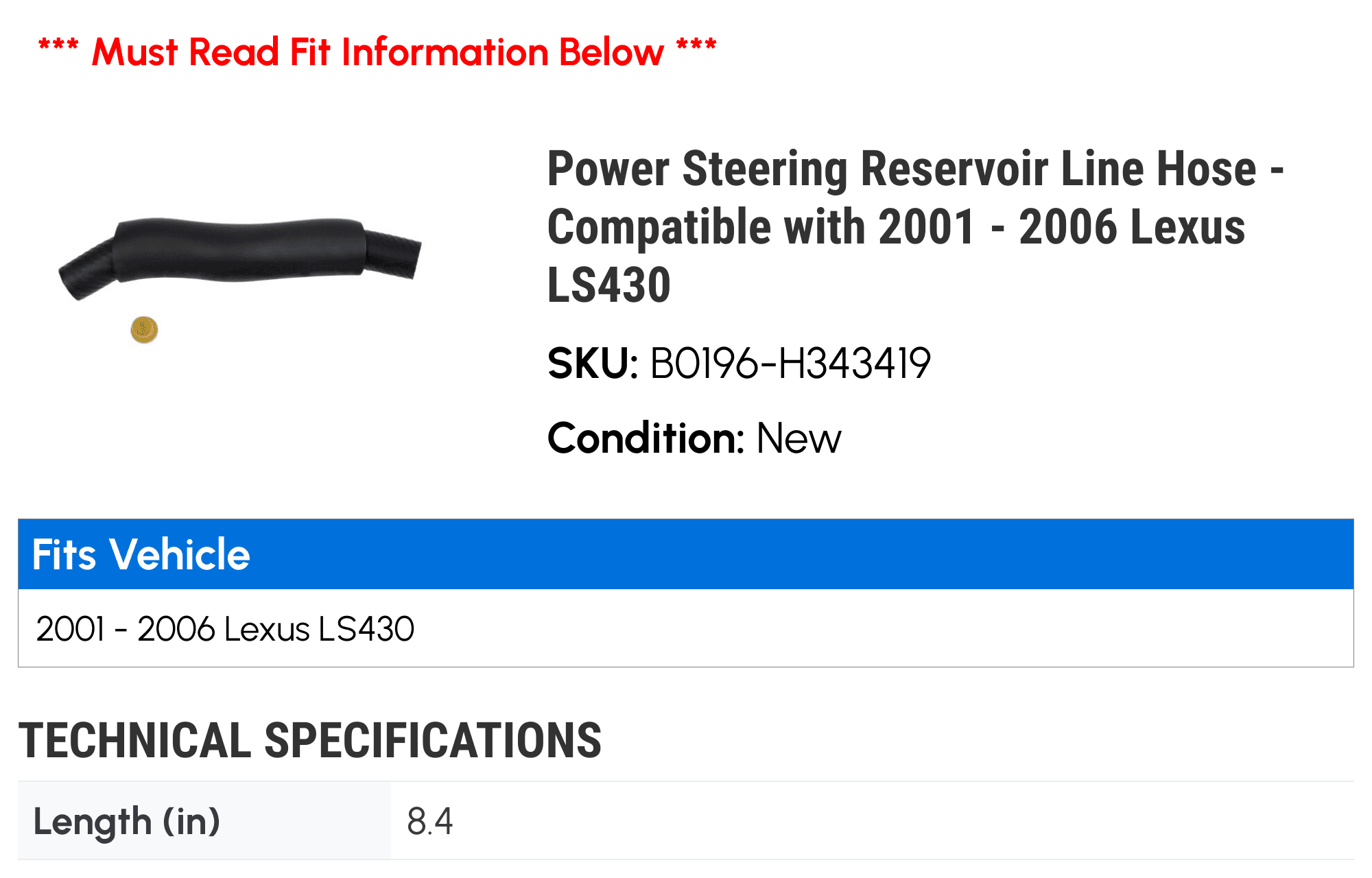 Power Steering Reservoir Line Hose - Compatible with 2001 - 2006 LS430 2002 2003 2004 2005