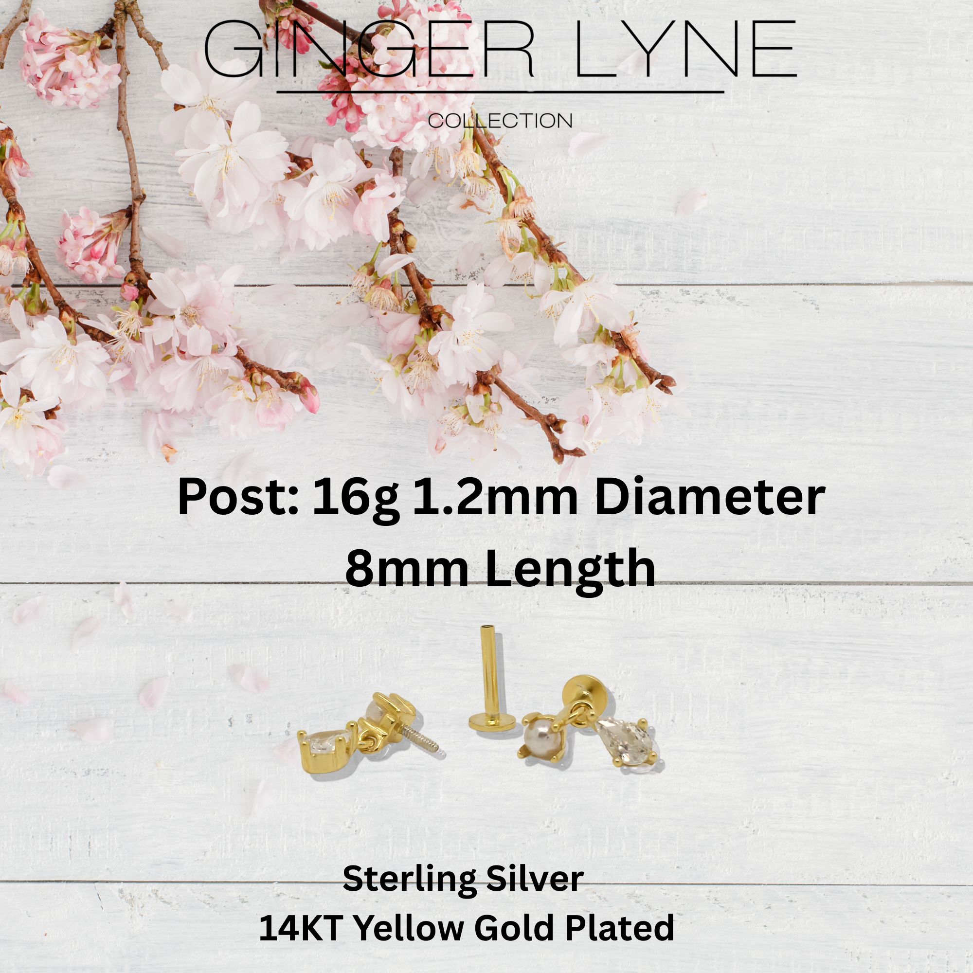 Pearl Dangle Flat Back Earrings for Women Sterling Silver 16g Cartilage Helix Lobe Body Piercing Stud Ginger Lyne