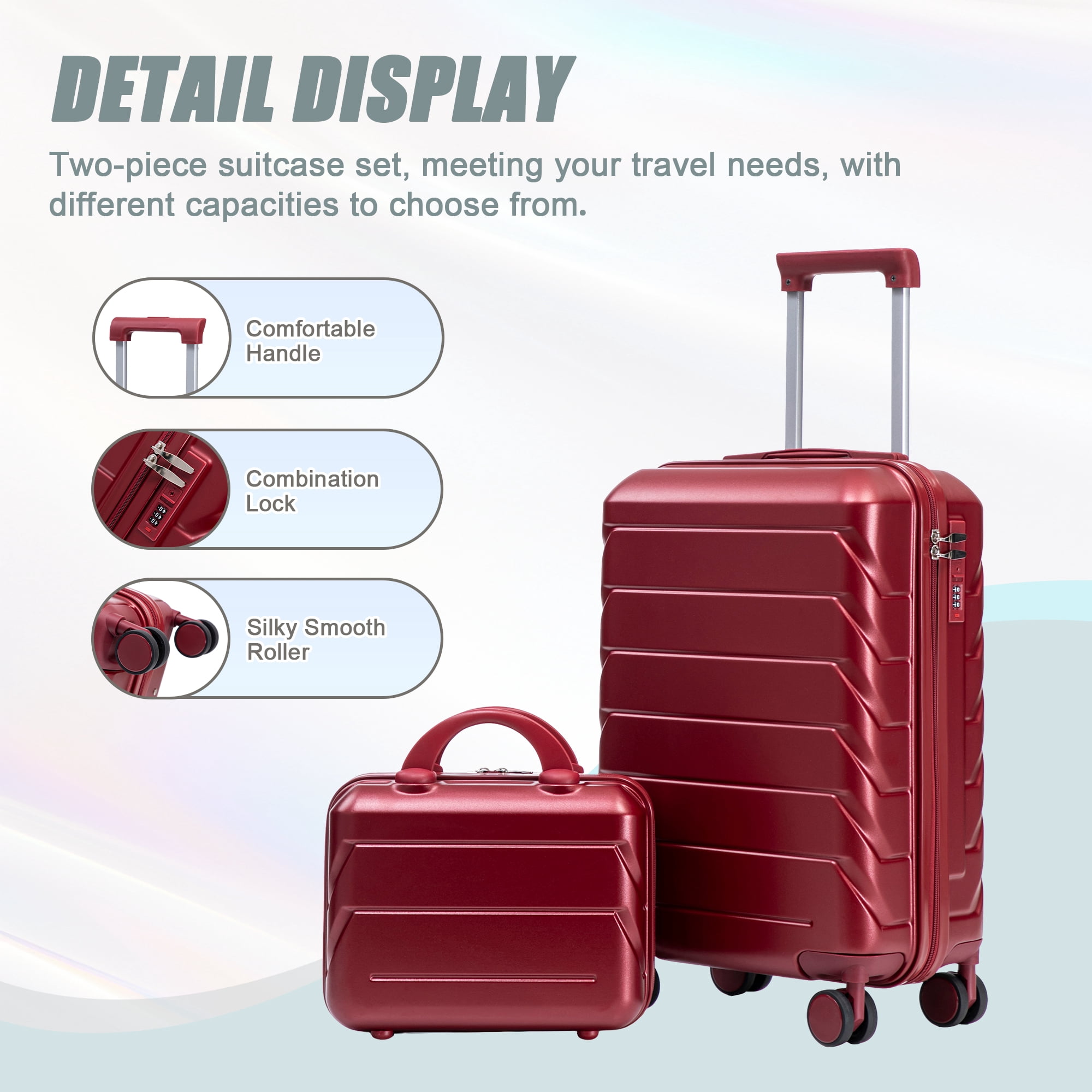 14"/20" 2 Piece ABS Spinner Wheel Luggage Set with Combination Lock & 14" Cosmetic Case, Wine Red