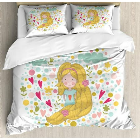 Cheeks Boots Kids Girls Queen Size Duvet Cover Set, Little Kid with Pinkish Cheeks and Long Hair Surrounded by Spring Nature Cartoon, Decorative 3 Piece Bedding Set with 2 Pillow Shams, Multicolor, by Ambesonne ()