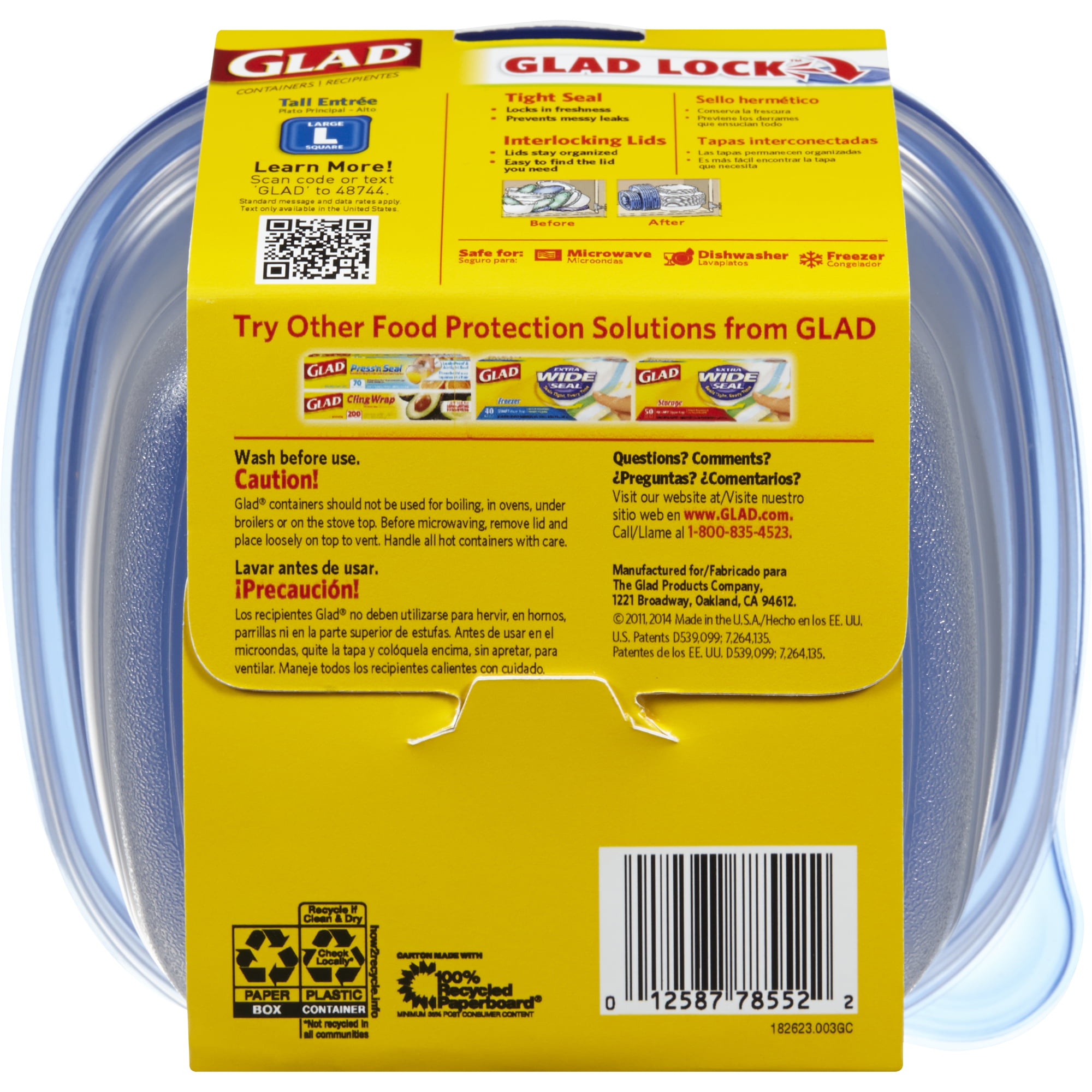 Glad Tall Entree Food Storage Containers with Lids, 42 oz, Clear/Blue,  Plastic, 3/Box (78082)