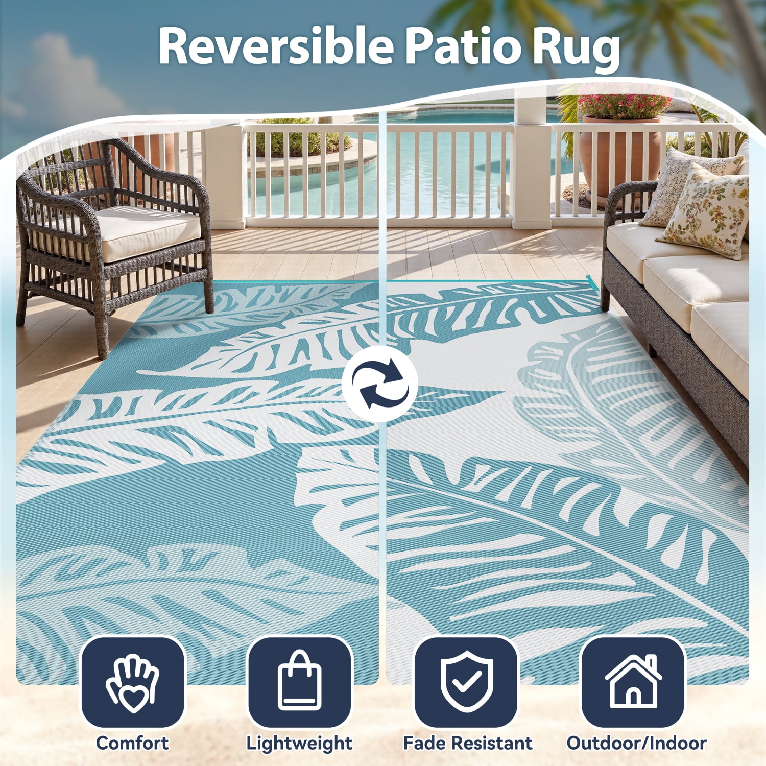 VUNATE Outdoor Rug Carpet 6'x9' Waterproof Reversible Patio Rug Portable Indoor Outdoor Rug Plastic Straw Rug for Beach RV Camping Garden Picnic Deck Backyard Tropical Porch Decor Blue and White