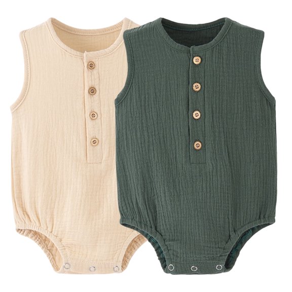 Baby Boy Romper Sleeveless Cotton Linen Bodysuit Tank Top One Piece Neutral Newborn Baby Summer Clothes/Outfits, 0-3 Months(Milky white Green)