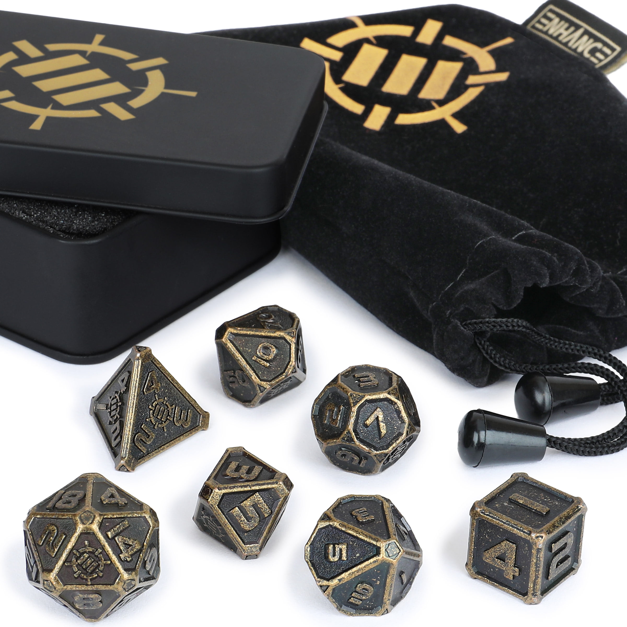 RPG Dice for Dungeons and Dragons Pathfinder 7pc Solid Zinc Alloy Polyhedral DND Dice with Metal Storage Case and Drawstring Dice Bag Included ENHANCE DND Metal Dice Set & More Ancient Bronze 