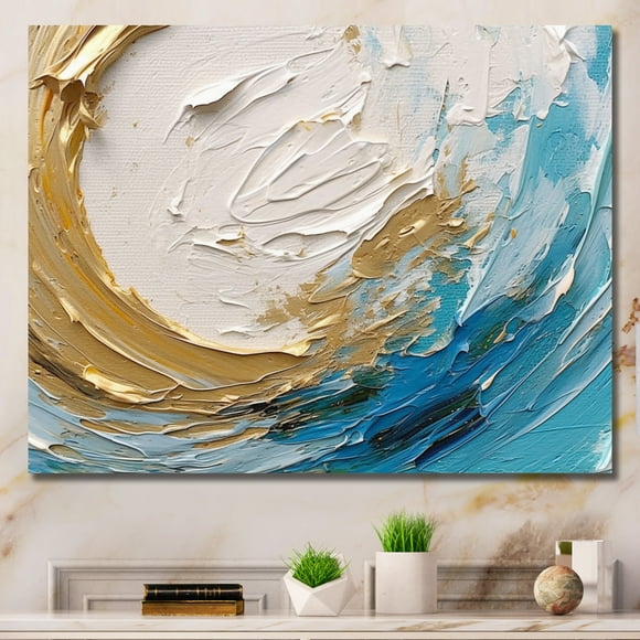 Designart Gold Modern Canvas wall art, Abstract Spirals Wall Art, Spiral Nebula Gold Turquoise Fusion , Abstract Spirals Wall art decor, 40x30 inches