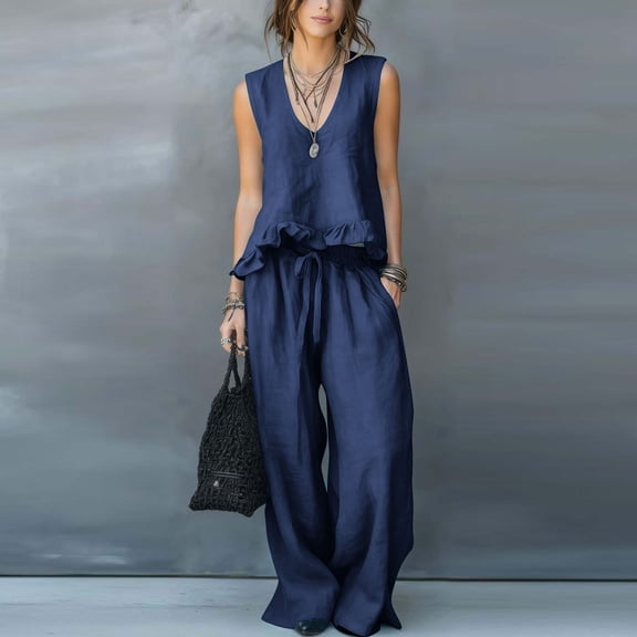 BRELIL Women's Two Piece Sets V Neck Sleeveless Tank Top Wide Leg Pants Casual Solid Boho Beach Loose Lounge Matching Outfits Vacation Travel Tracksuit, Navy S