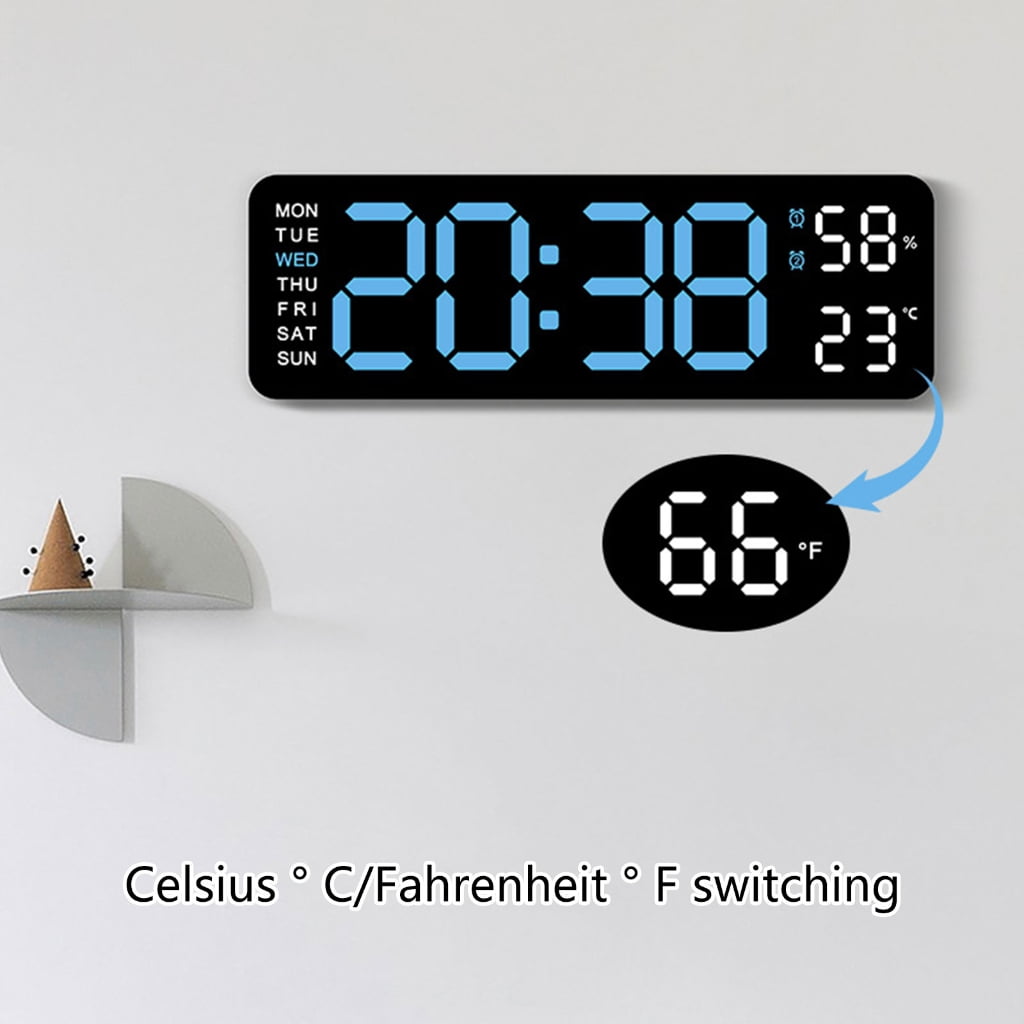 Oasiva 9Inch Digital Wall Clock LED Alarm Clock Large Display, 3 Level Brightness Adjustable with Calendar and Temperature