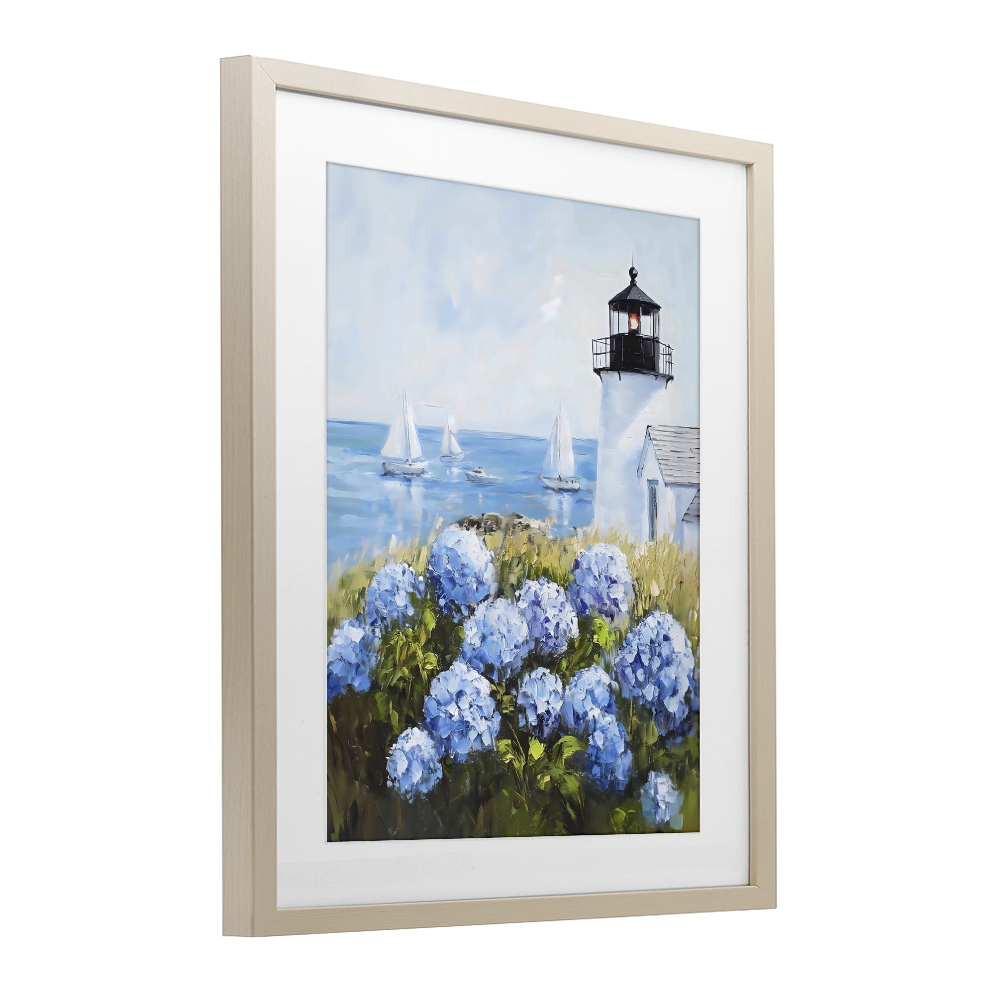 Stupell Industries Lighthouse Surrounded by Hydrangeas Birch Framed Print Under Glass, design by Arlington Prints