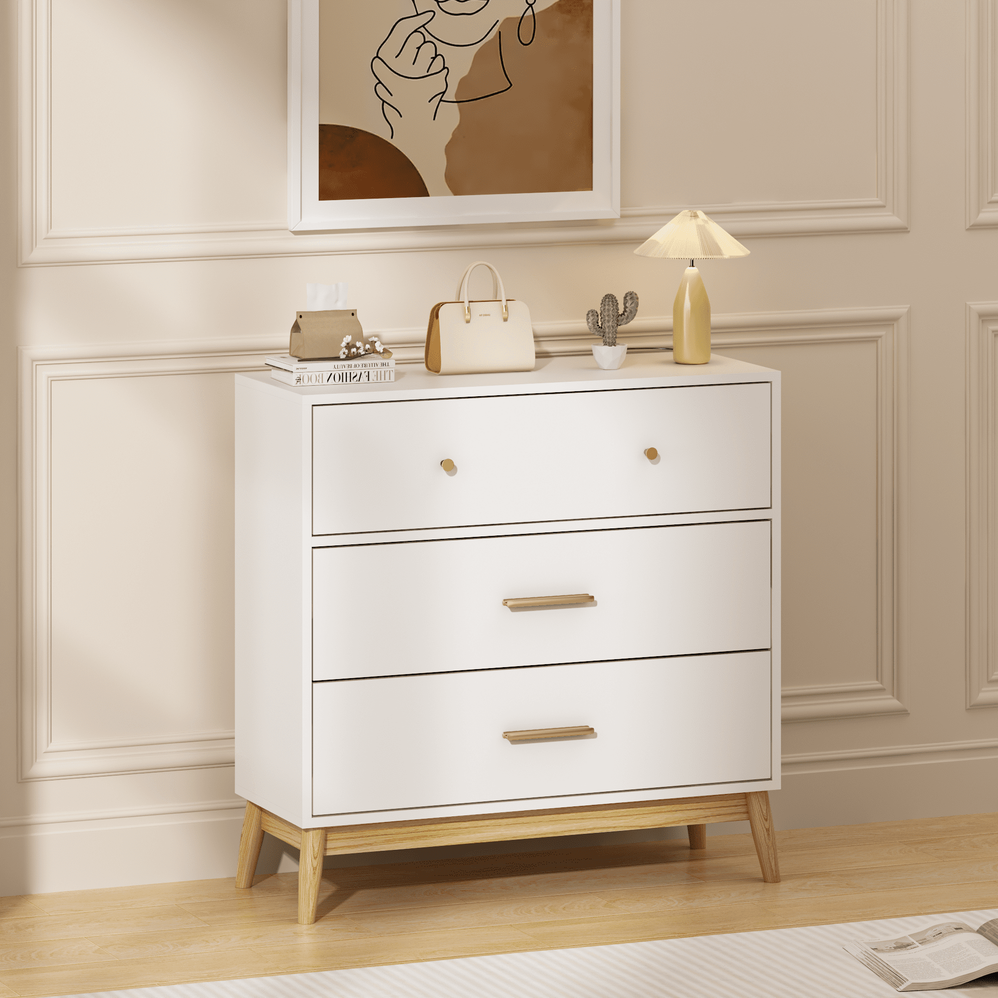TrumanPick Nordic 3-Drawer White Dresser with Rose Gold Handles & Solid Wood Base - Small Space Storage