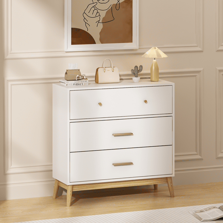 Trumanpick Nordic 3-Drawer White Dresser with Rose Gold Handles & Solid Wood Base