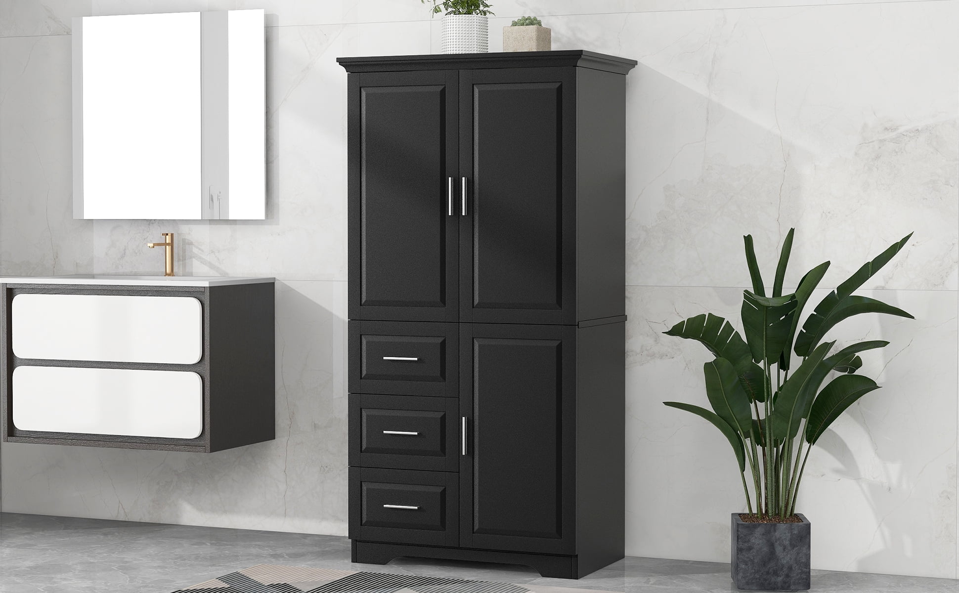 Euroco Tall Freestanding Storage Cabinet with 3 Drawers and Adjustable Shelf, Wide Linen Tower Cabinet with Doors, Waterproof Painted MDF, Anti-Tipping Kit