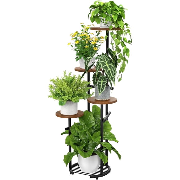 5 Tier Tall Plant Stand Indoor Outdoor, Corner Plant Stand with Space-Saving Plant Shelf for Multiple Plants| Round Plant Table Design for Living Room Balcony Garden (Black and Brown, 42in)