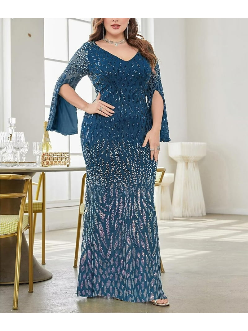 Womens Mermaid Plus Size V Neck Sequin Evening Dress Long Sleeves Mother of  The Bride Gowns Royal Blue - Walmart.com