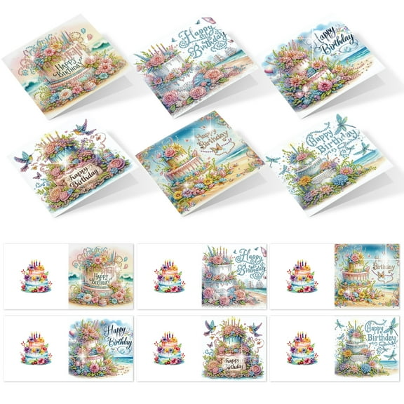6pcs Diamond Painting Kit Greeting Card, Birthday Cake Flower 5D DIY Diamond Handmade Holiday Greeting Card with Envelope, Christmas Gift Congratulation