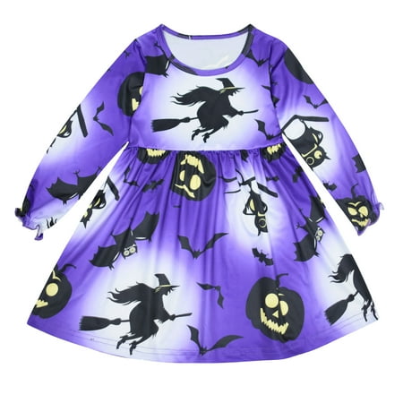 

BTJX Toddler Kids Girls Long Sleeve Cartoon Pumpkins Witch Prints Princess Dress