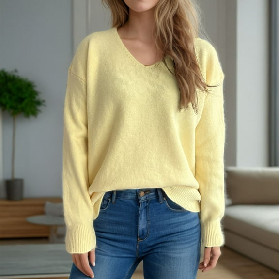 PiGOGI Women's Fashion Fall Winter Knit Loose Long Sleeve V-Neck Pullover Sweater Yellow S