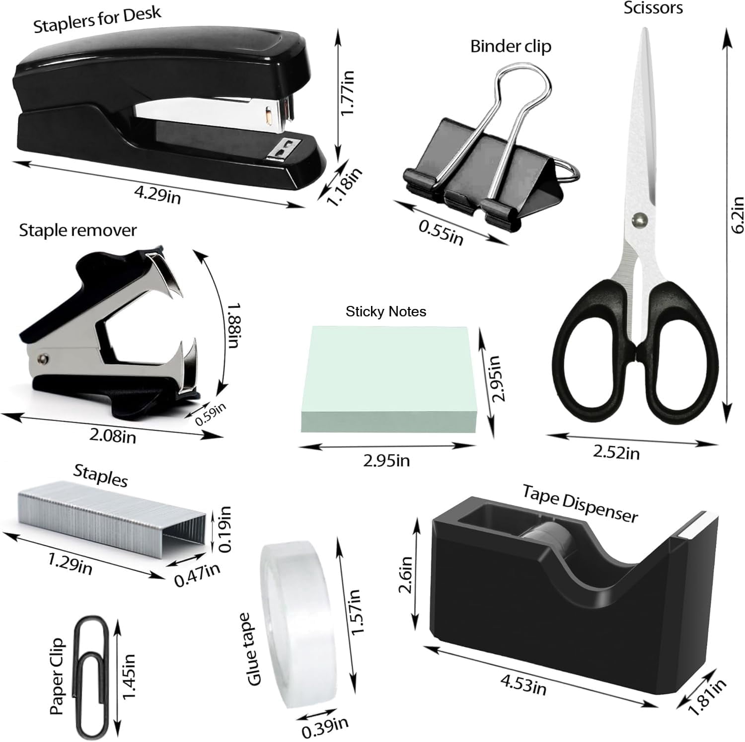 Black Office Desk Accessories  Supplies Set Drawer Organizer Stapler And Tape Dispenser Staple Remover Staples Paper Clips Scissor Sticky Note