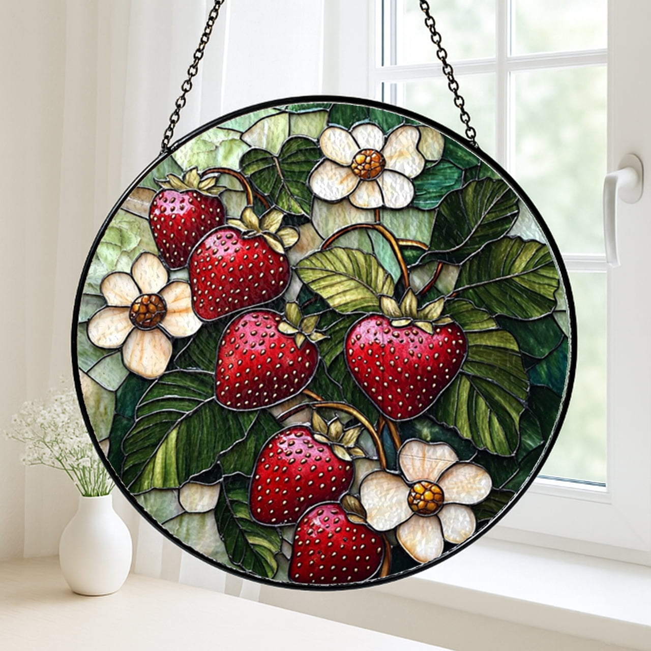Vintage Strawberry Fruit Stained Glass Suncatcher Window Art