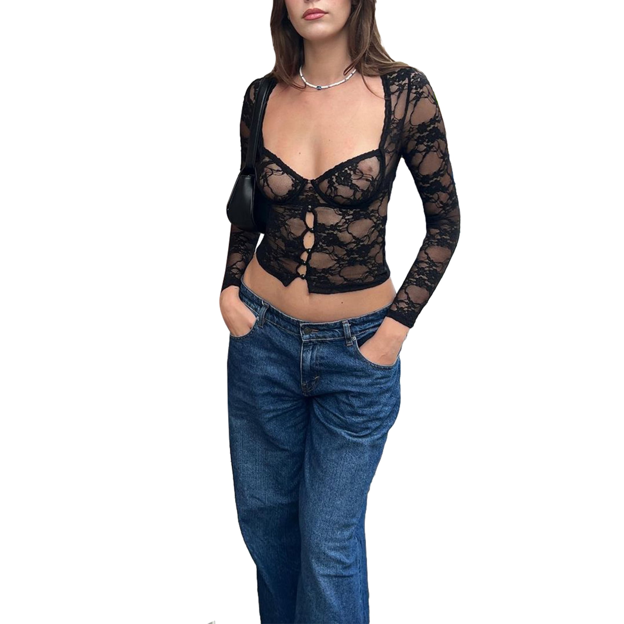 ZAXARRA Women Summer Fitted Sheer Tops Black Long Sleeve Mesh Lace