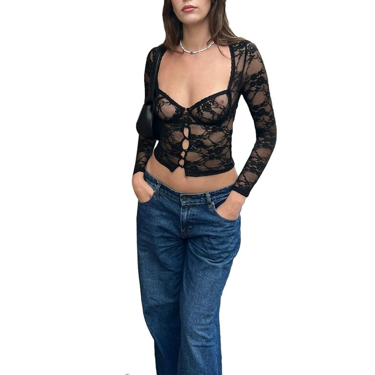 allshope Women Summer Fitted Sheer Tops Black Long Sleeve Mesh Lace Floral  Going Out Tops