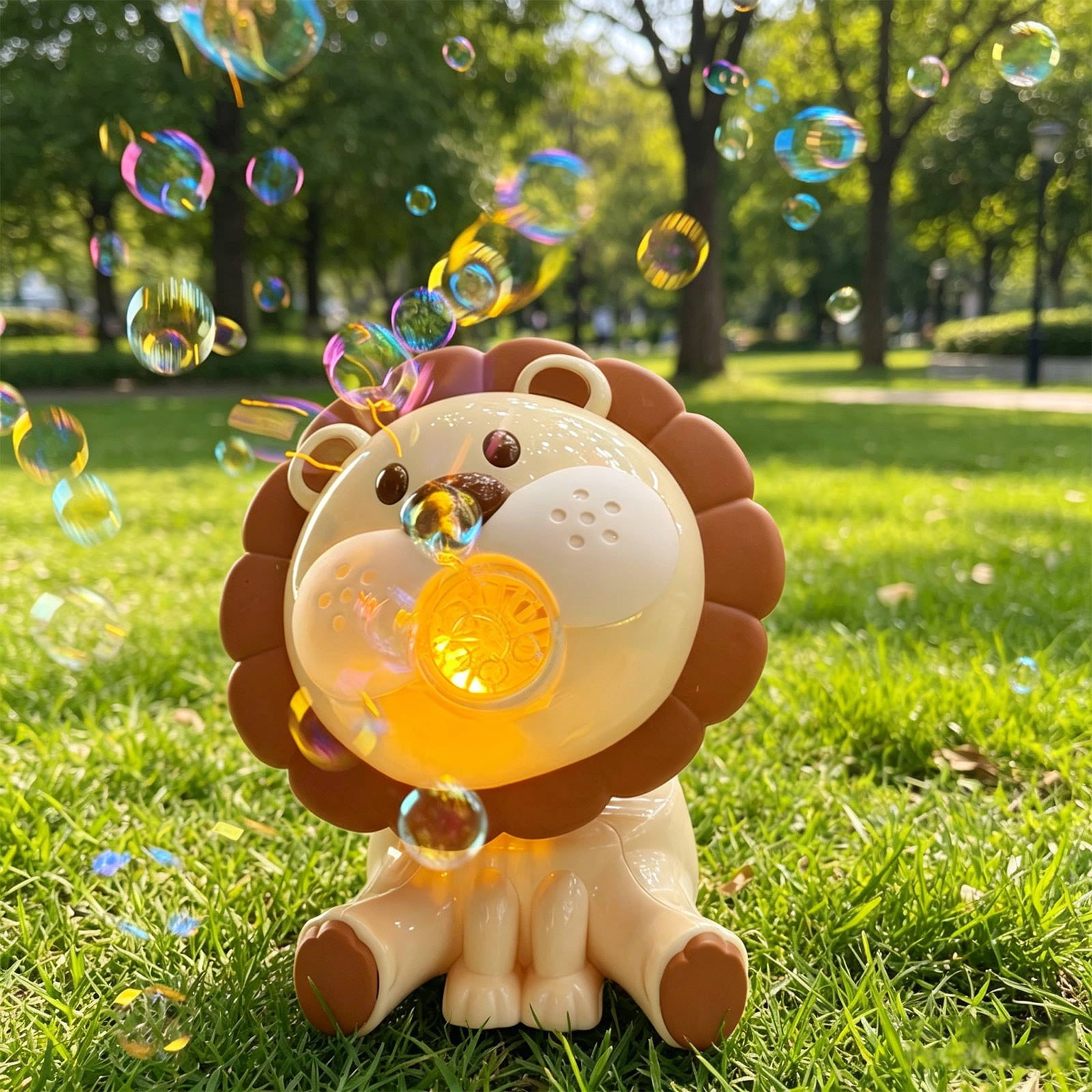 Lion Bubble Blowing Machine Push Cart, USB Rechargeable Automatic Bubble Blower with 100ml Bubble Solution, Handheld Outdoor Bubble Maker for Party Garden Lawn Activities (Brown)