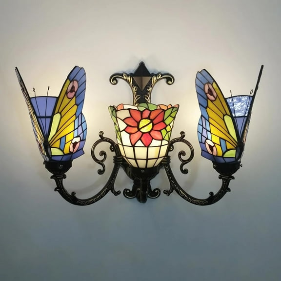 Artistic Style Wall Sconce, Blue Butterfly Stained Glass Bedside Wall Lamp for Living Room Bedroom Bathroom Hallway Decorative ,4
