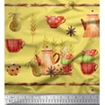thumbnail image 1 of Soimoi Yellow Modal Satin Fabric Kettle & Cups Kitchen Printed Fabric 1 Yard 42 Inch Wide, 1 of 3