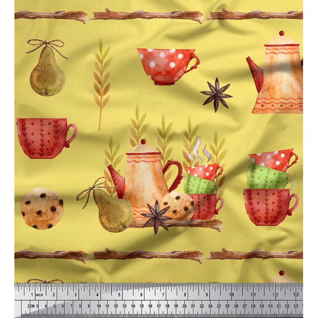 Soimoi Yellow polyester Crepe Fabric Kettle & Cups Kitchen Print Fabric by the Yard 42 Inch Wide