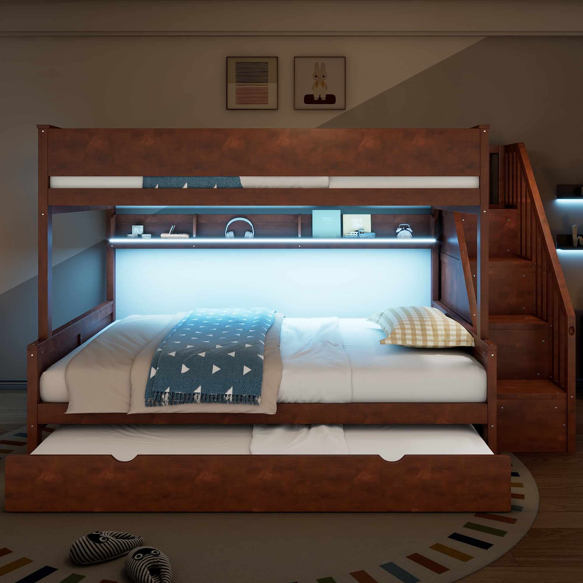 Euroco Full XL over Queen Bunk Bed with Storage Staircase and Shelves, Wood Bed with Trundle and LED Light, Walnut