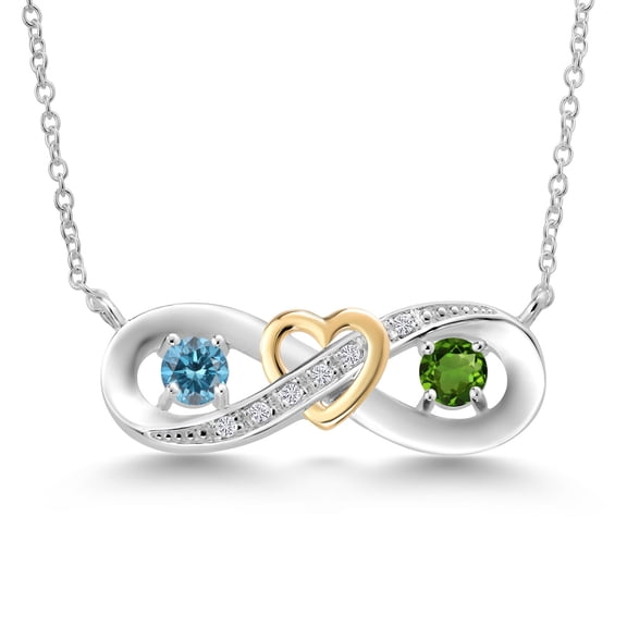 925 Silver and 10K Yellow Gold Blue Lab Grown Diamond and Green Tourmaline and Lab Grown Diamond Pendant Necklace for Women | 0.58 Cttw | Gemstone April Birthstone | Round 4MM | With 18 inch Chain